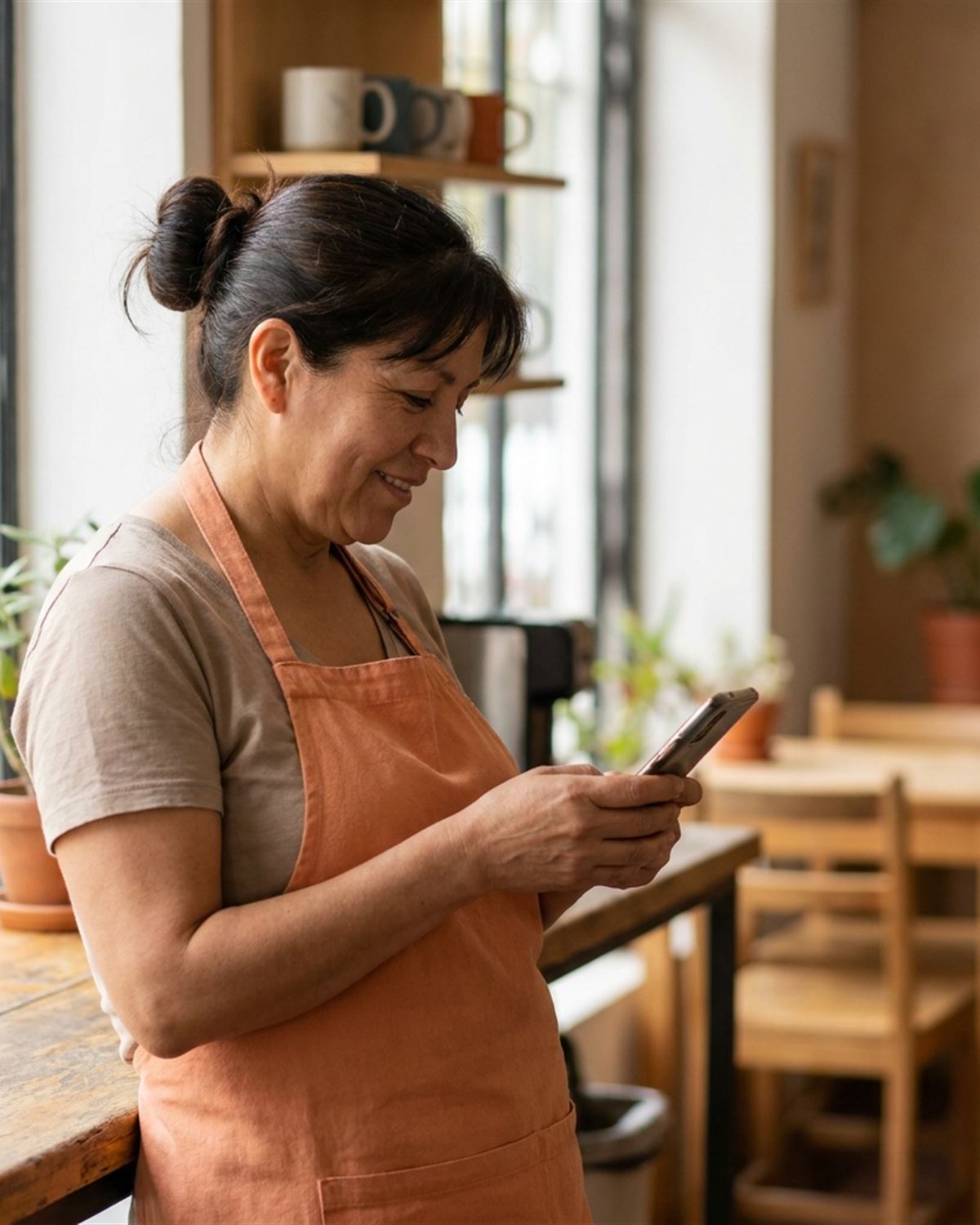 Dueña de una cafetería de barrio mira su celular con una sonrisa tranquila